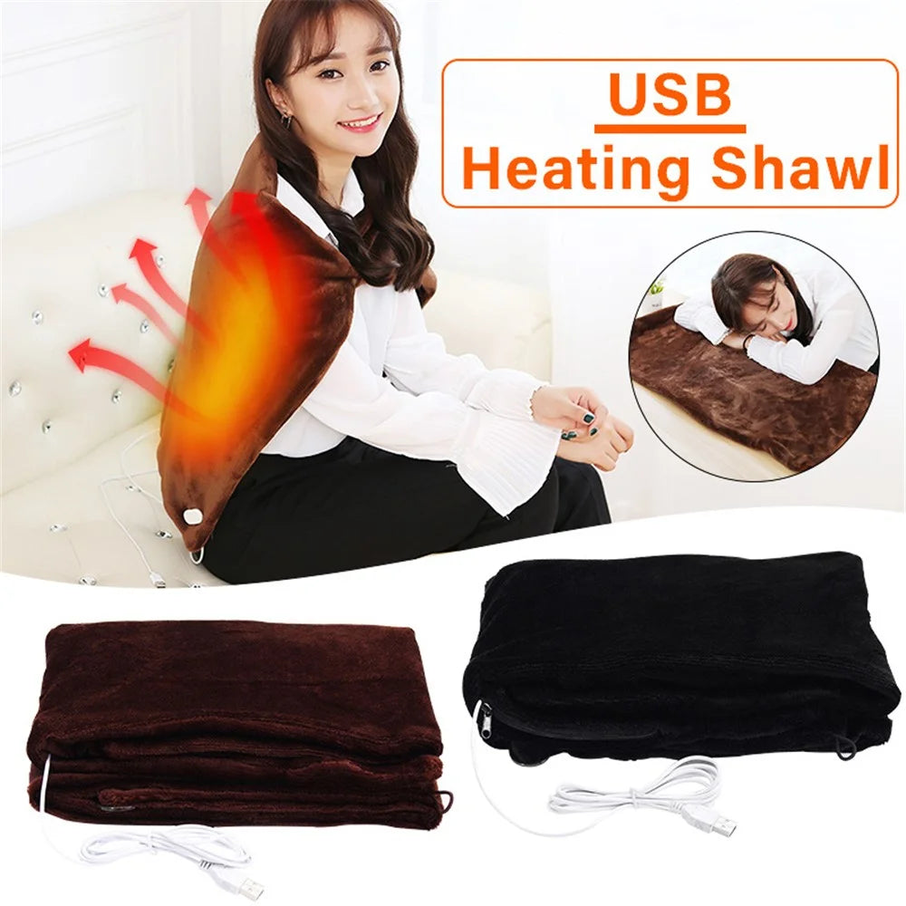 USB Electric Heating Shawl Blanket Seat Cushion Winter Soft Warm Heated Shawl - Black - 3
