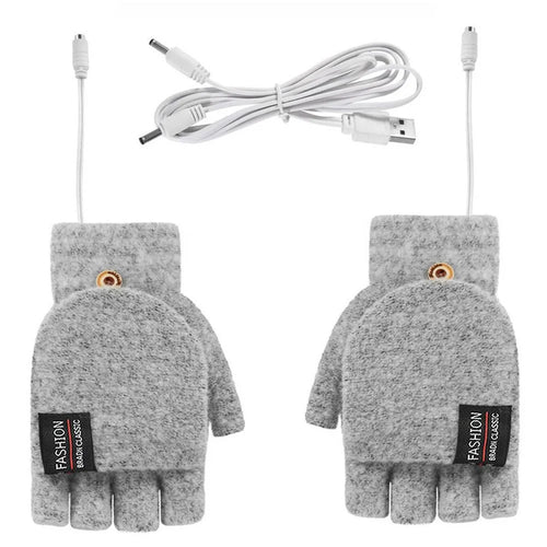1 Pair USB Electric Heating Winter Gloves Warm Heated Polyester Half Finger Gloves with Flap Lid - Light Grey - 1