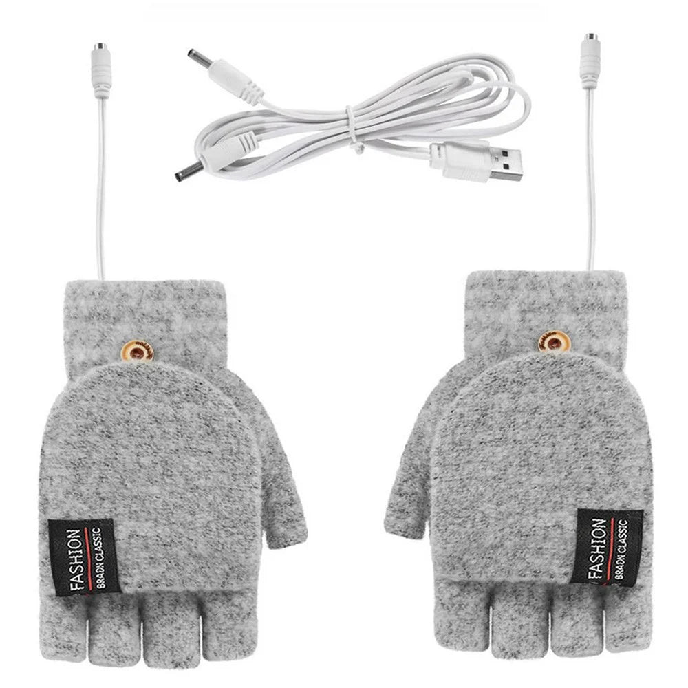 1 Pair USB Electric Heating Winter Gloves Warm Heated Polyester Half Finger Gloves with Flap Lid - Light Grey - 1