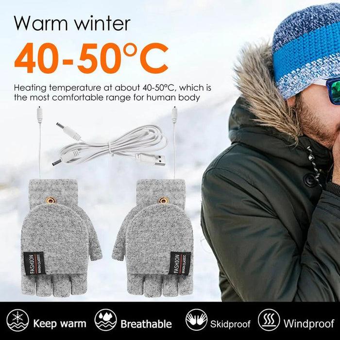 1 Pair USB Electric Heating Winter Gloves Warm Heated Polyester Half Finger Gloves with Flap Lid - Light Grey - 2