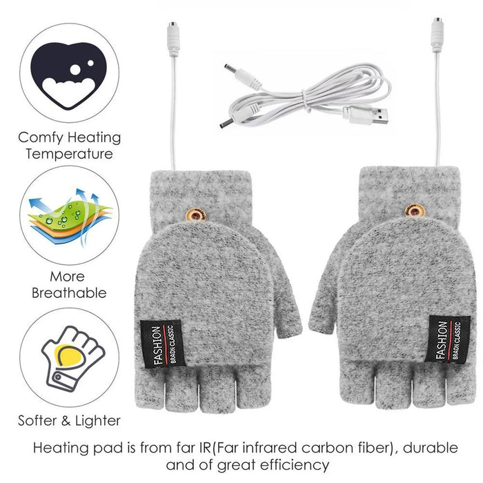 1 Pair USB Electric Heating Winter Gloves Warm Heated Polyester Half Finger Gloves with Flap Lid - Light Grey - 5