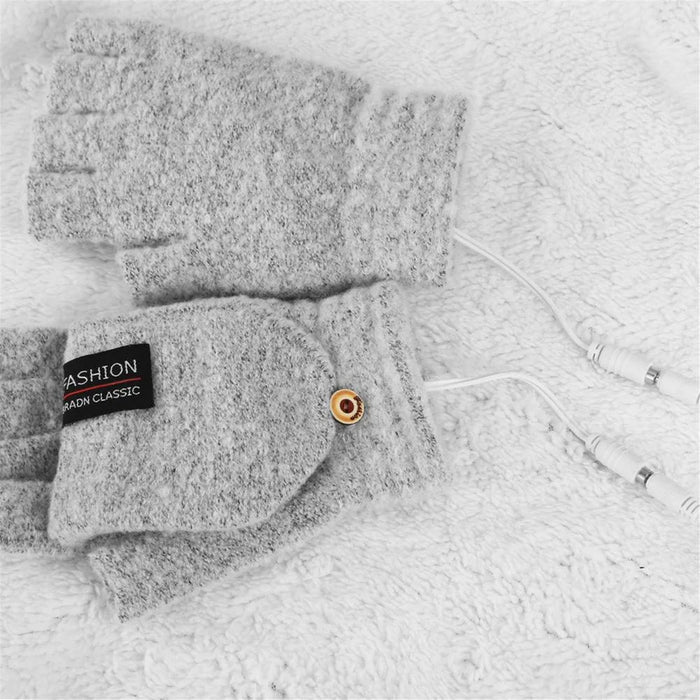 1 Pair USB Electric Heating Winter Gloves Warm Heated Polyester Half Finger Gloves with Flap Lid - Light Grey - 6