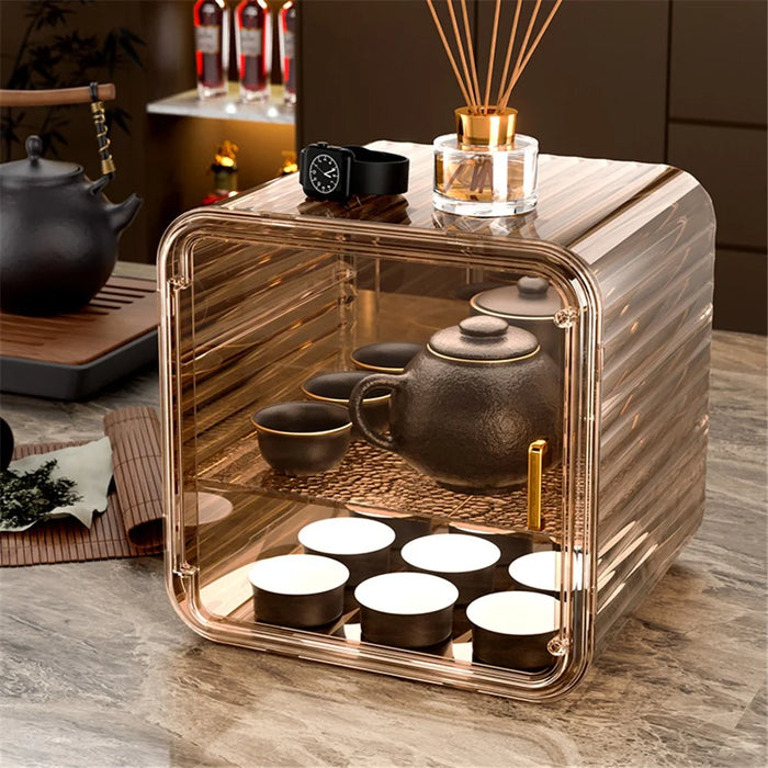Dustproof Coffee Mug Cup Organizer Table Double Layer Storage Box, Size M - Tawny - 3