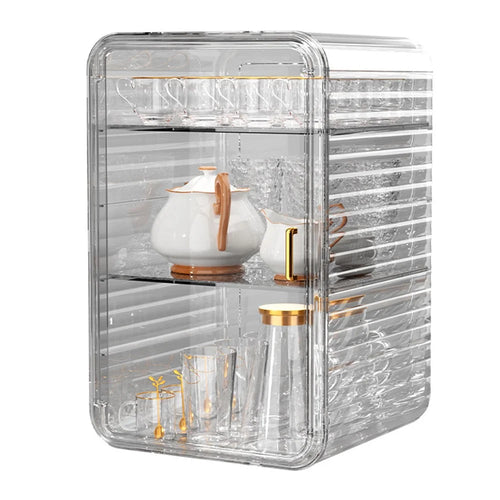 Coffee Mug Cup Table Organizer Three Layer Dustproof Storage Box, Size L - Transparent - 1