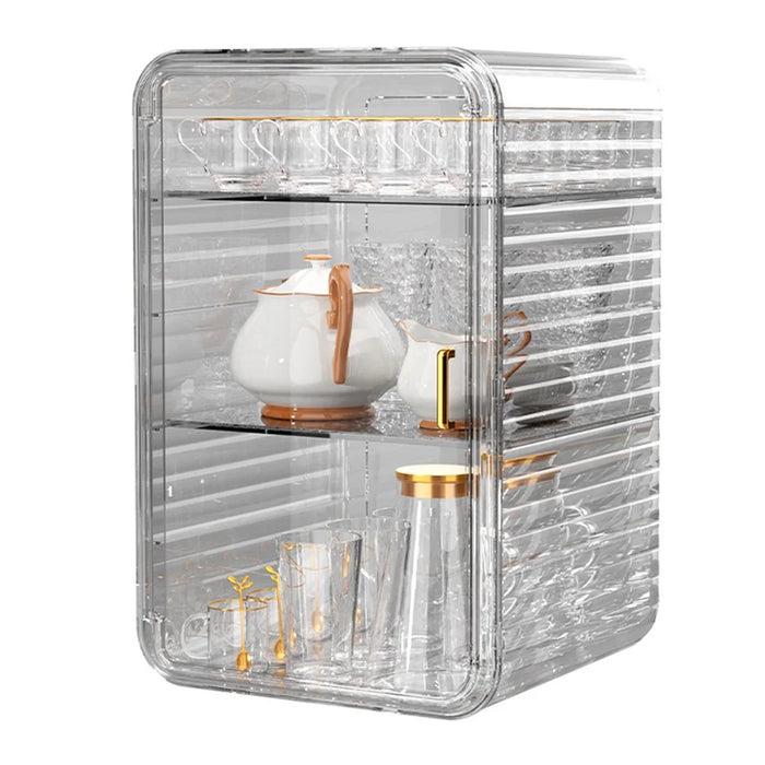 Coffee Mug Cup Table Organizer Three Layer Dustproof Storage Box, Size L - Transparent - 1