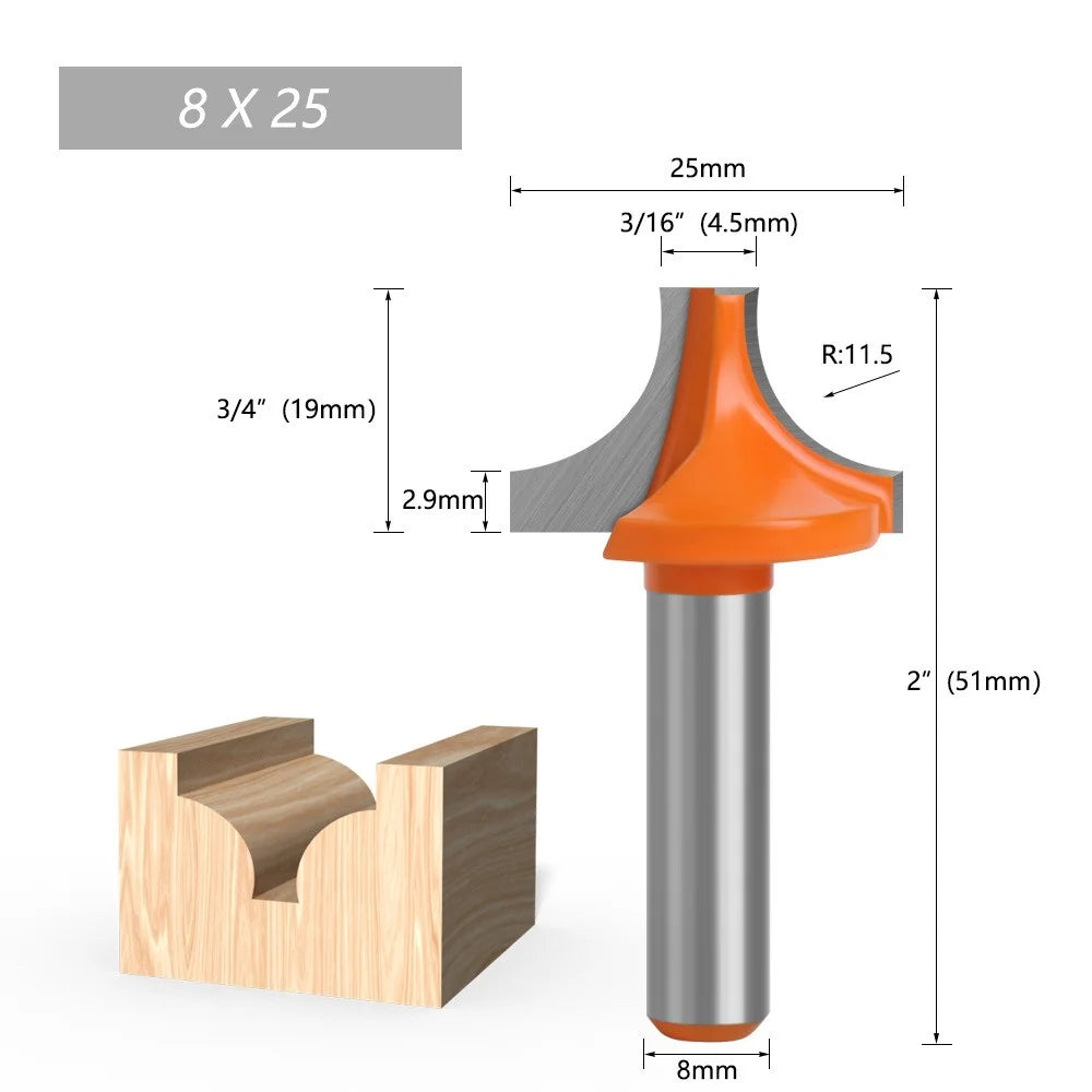 8mm Shank Round Over Edging Router Bit Woodworking Milling Cutter Tool - 7