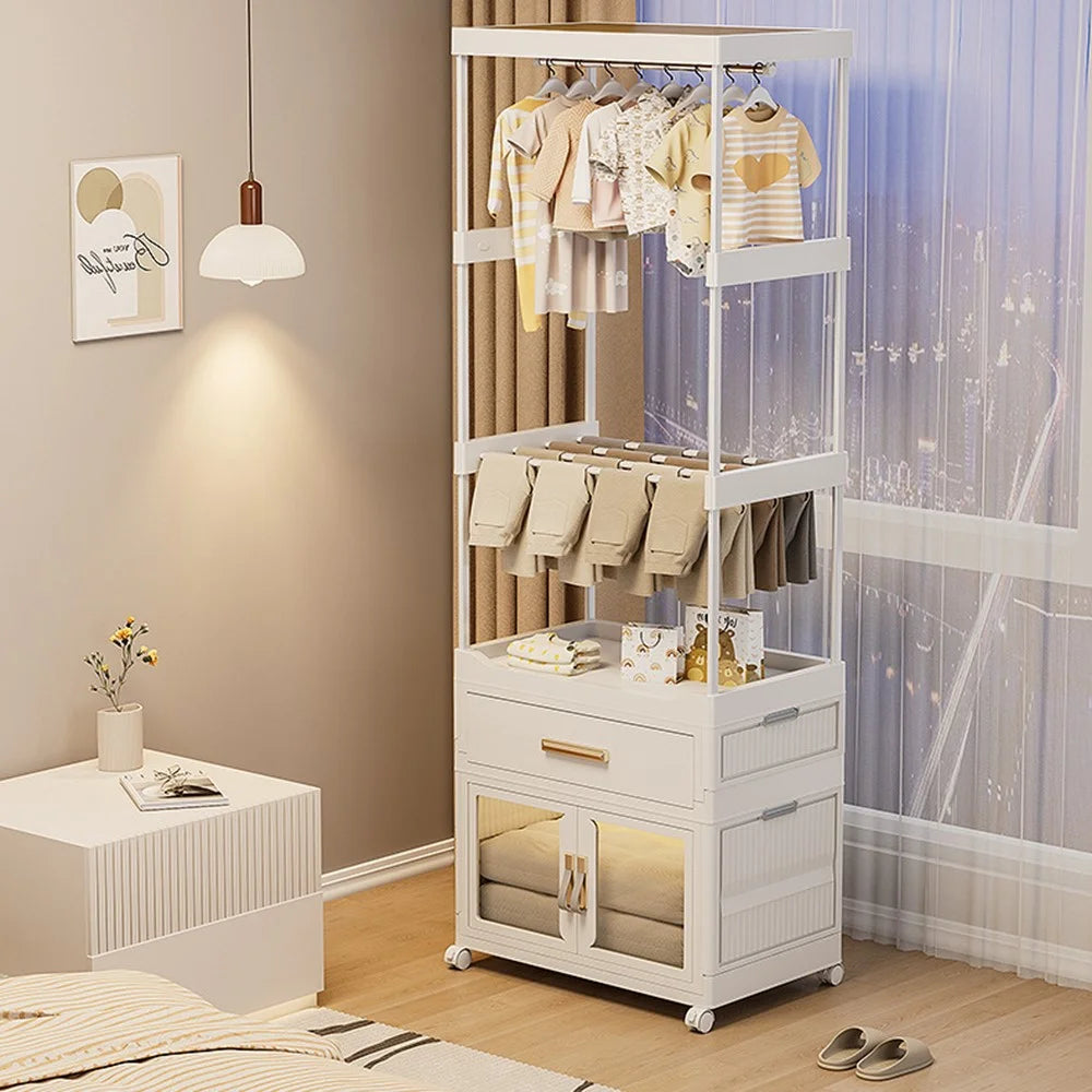 2255 Clothes Organzier Floor Standing Pulley Rack with Drawer+Foldable Carbinet, Size L - 7
