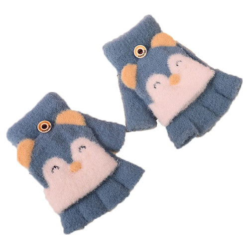 1 Pair Kids Mink Velvet Warm Gloves Half Finger Cover Cartoon Shape - Dark Blue - 1