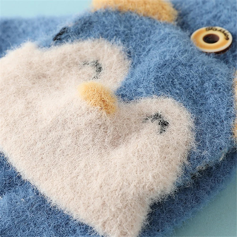 1 Pair Kids Mink Velvet Warm Gloves Half Finger Cover Cartoon Shape - Dark Blue - 3