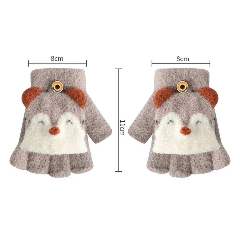 1 Pair Kids Mink Velvet Warm Gloves Half Finger Cover Cartoon Shape - Dark Blue - 5