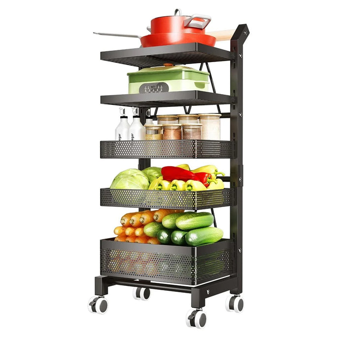 006-ZWJ-6866-5 5-Tier Utility Cart Adjustable Kitchen Storage and Organizer Cart with Lockable Wheels for Vegetables, Cruet, Pot - Black - 1