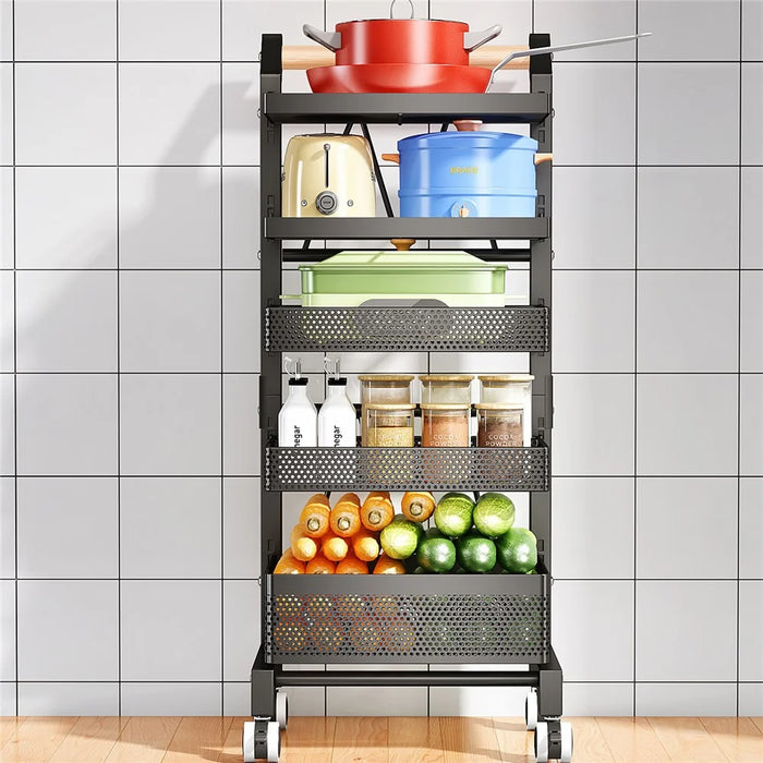 006-ZWJ-6866-5 5-Tier Utility Cart Adjustable Kitchen Storage and Organizer Cart with Lockable Wheels for Vegetables, Cruet, Pot - Black - 4