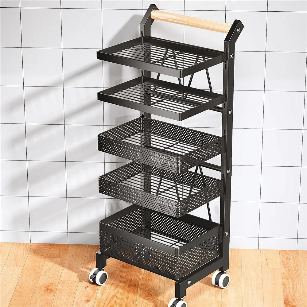 006-ZWJ-6866-5 5-Tier Utility Cart Adjustable Kitchen Storage and Organizer Cart with Lockable Wheels for Vegetables, Cruet, Pot - Black - 5