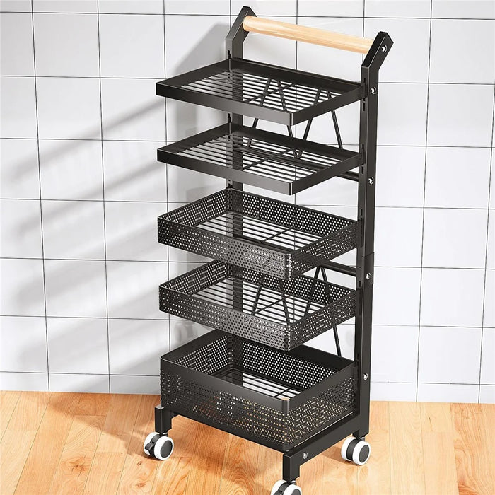 006-ZWJ-6866-5 5-Tier Utility Cart Adjustable Kitchen Storage and Organizer Cart with Lockable Wheels for Vegetables, Cruet, Pot - Black - 5