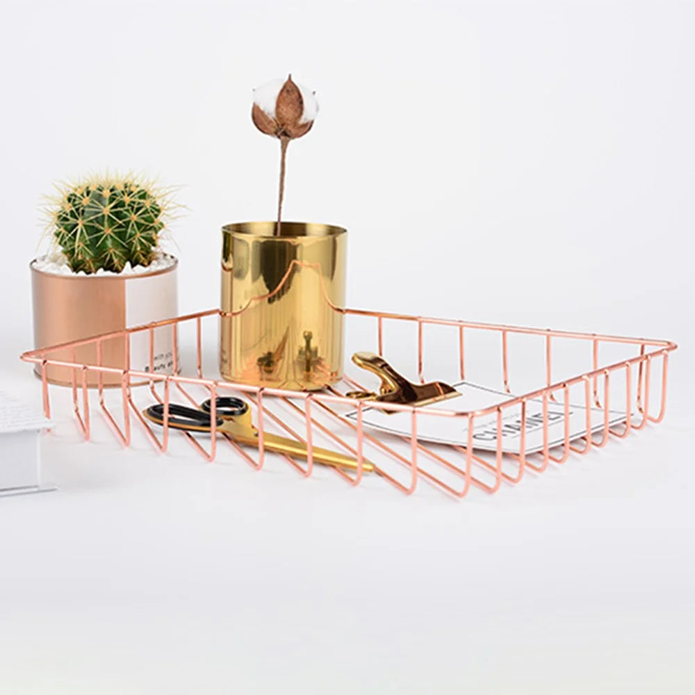Stainless Steel Wire Tray Dish Gold Decorative Tray Jewelry Perfume Organizer Makeup Basket Countertop Snack Fruit Newspaper Files Basket Holder Home Decor - Rose Gold - 2