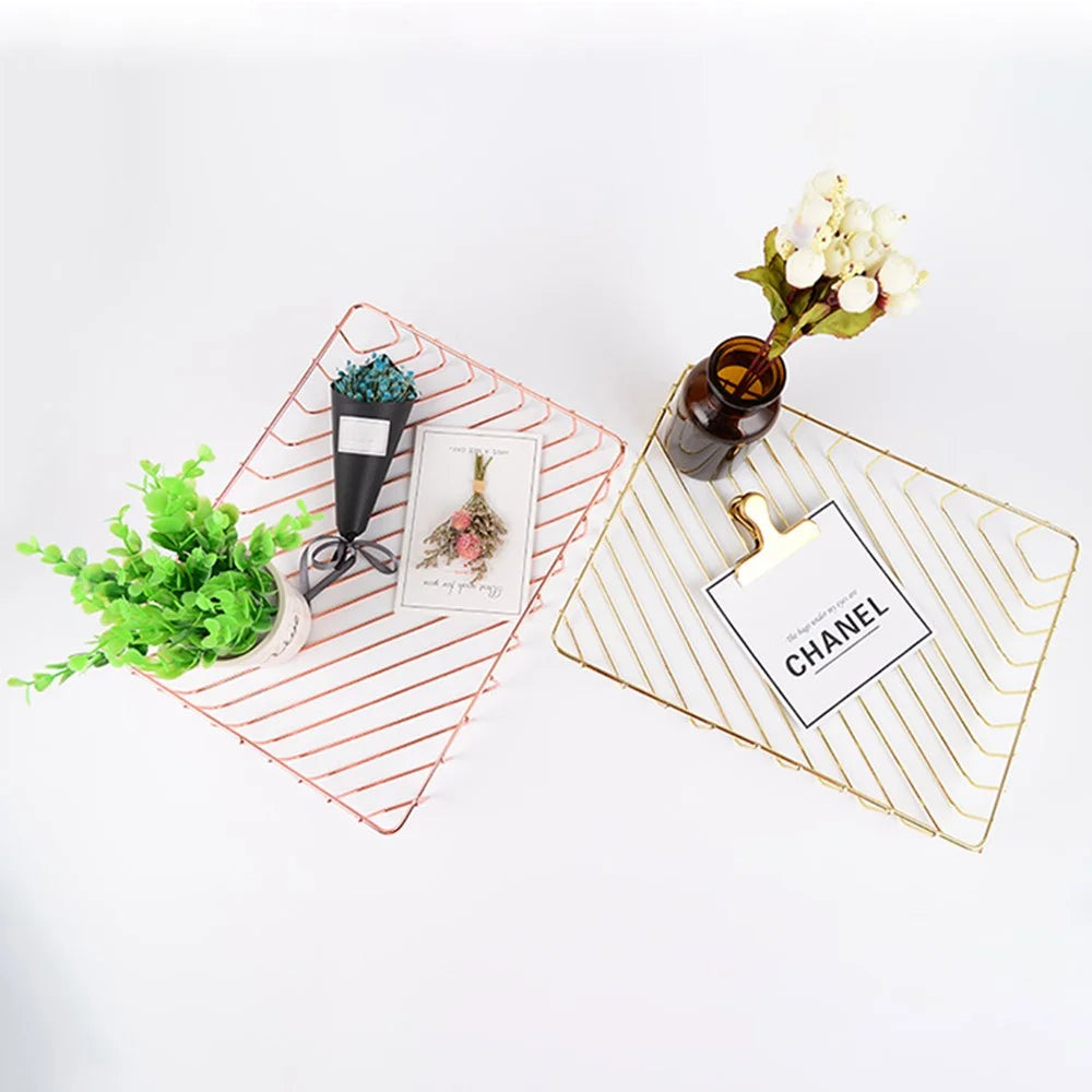 Stainless Steel Wire Tray Dish Gold Decorative Tray Jewelry Perfume Organizer Makeup Basket Countertop Snack Fruit Newspaper Files Basket Holder Home Decor - Rose Gold - 3