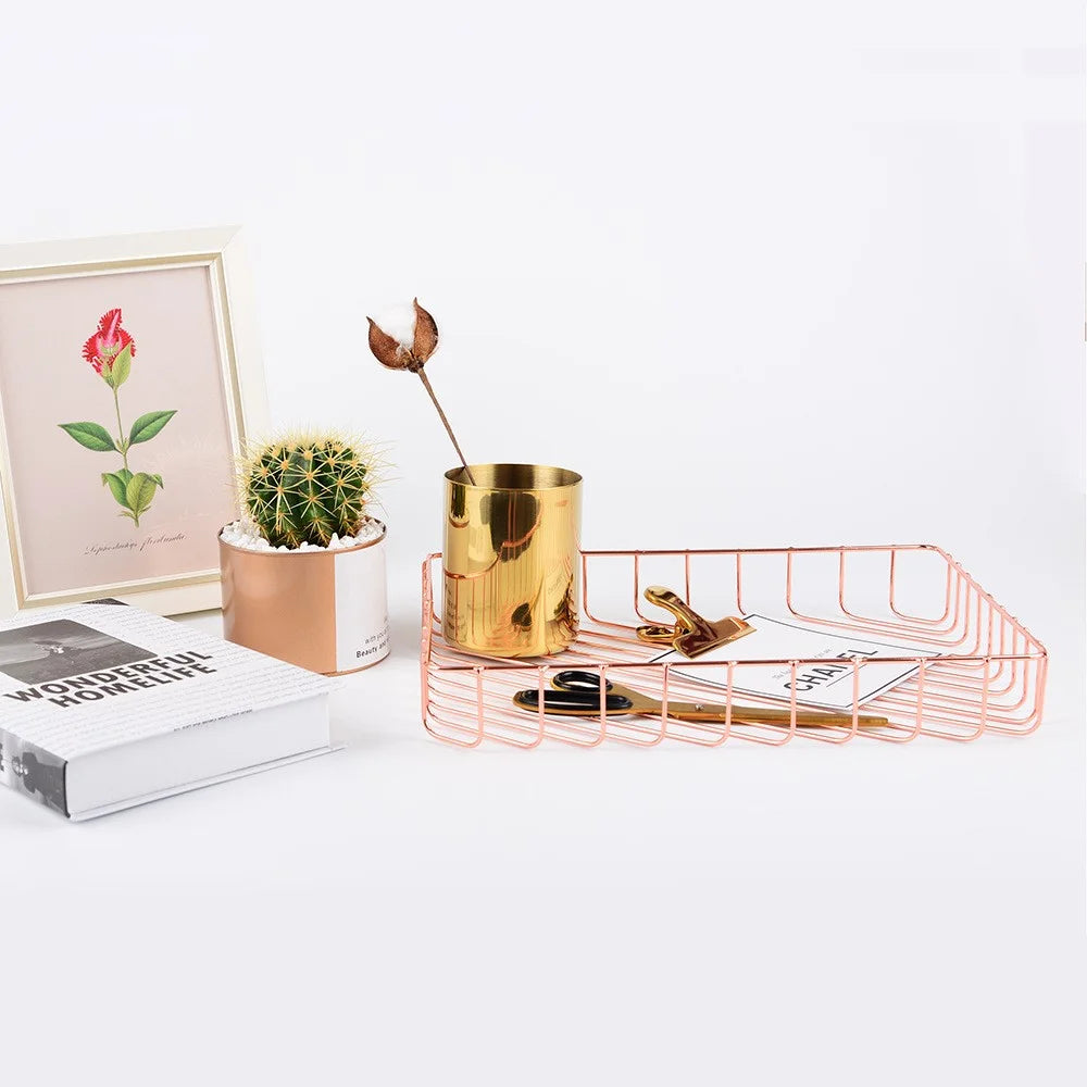 Stainless Steel Wire Tray Dish Gold Decorative Tray Jewelry Perfume Organizer Makeup Basket Countertop Snack Fruit Newspaper Files Basket Holder Home Decor - Rose Gold - 5