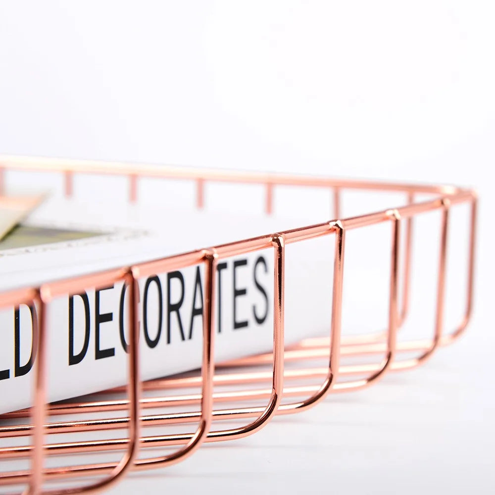 Stainless Steel Wire Tray Dish Gold Decorative Tray Jewelry Perfume Organizer Makeup Basket Countertop Snack Fruit Newspaper Files Basket Holder Home Decor - Rose Gold - 6