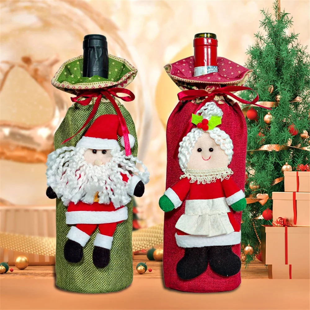 Christmas Wine Bottle Bag Xmas Dining Table Cloth Wine Bottle Cover Decoration Gift - Girl - 2