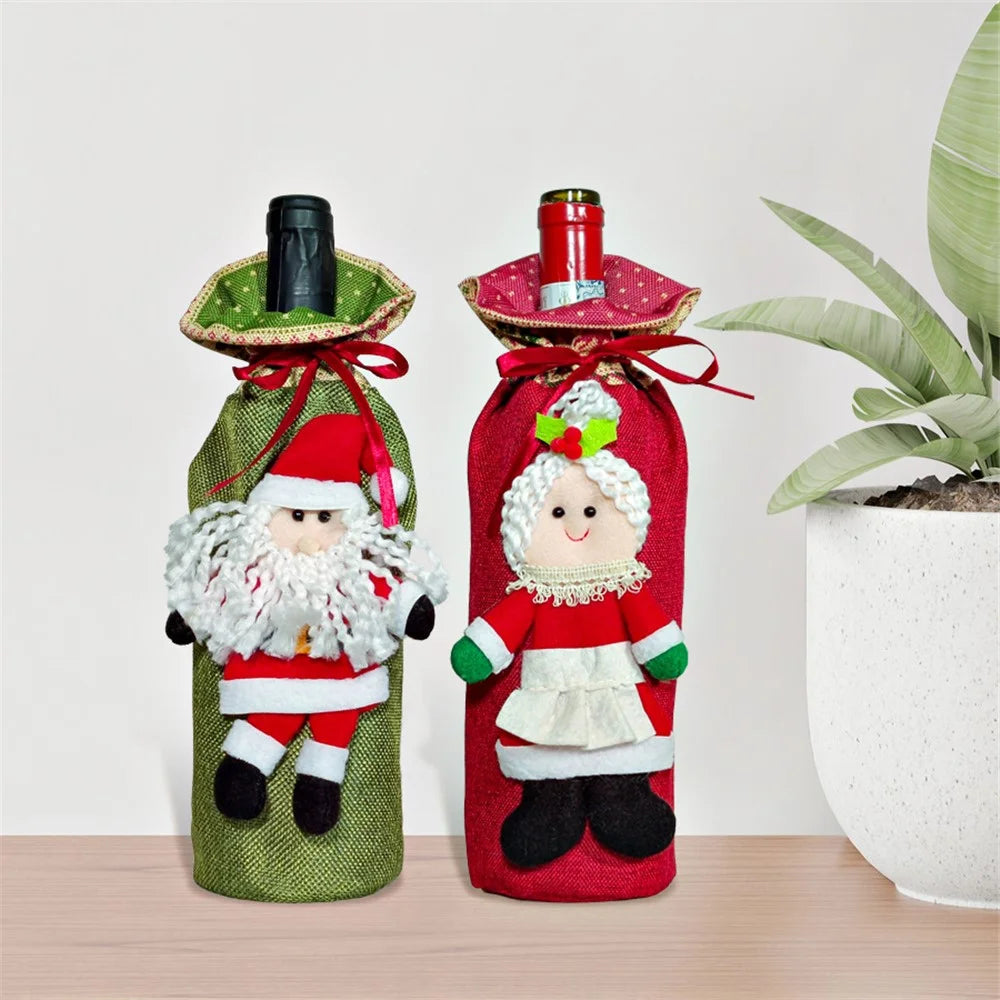 Christmas Wine Bottle Bag Xmas Dining Table Cloth Wine Bottle Cover Decoration Gift - Girl - 3