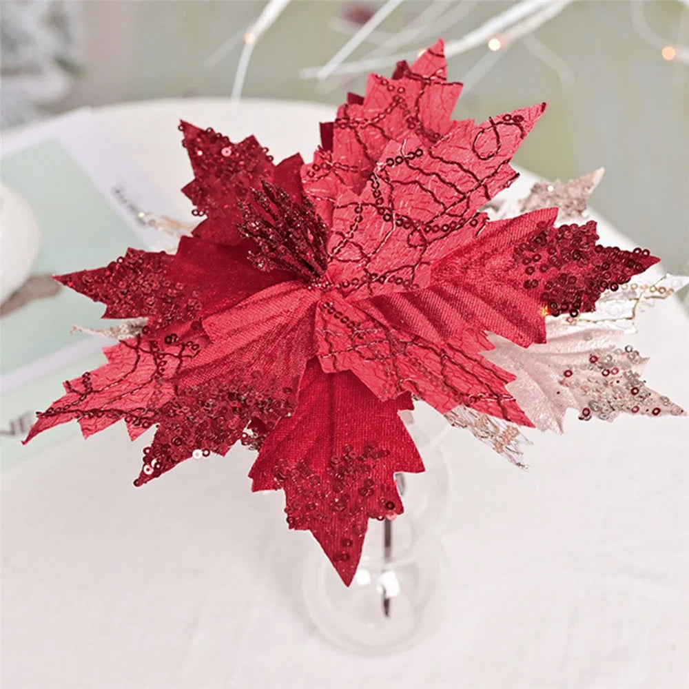 XM-DECO-0028 20cm Sequin Flannel Christmas Flower with Stem Xmas Tree Decoration Gift - Red - 2