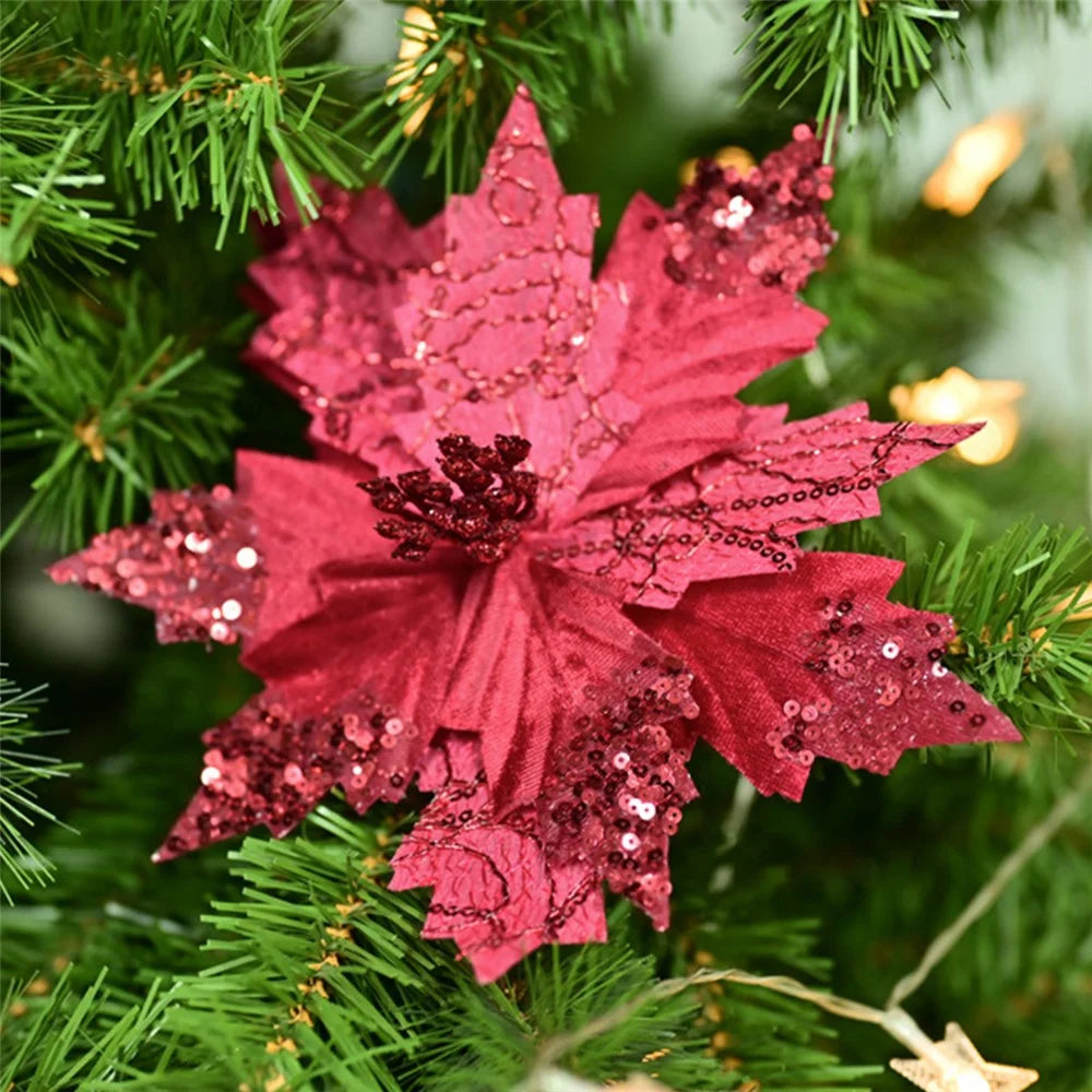 XM-DECO-0028 20cm Sequin Flannel Christmas Flower with Stem Xmas Tree Decoration Gift - Red - 3
