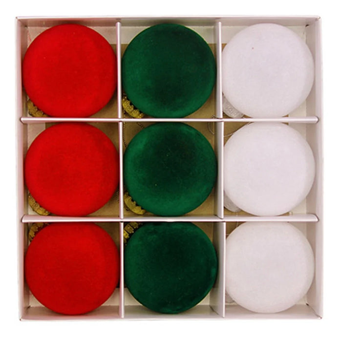 9Pcs / Set 8cm PET Flocking Christmas Balls Ornament Xmas Tree Hanging Decoration - Red+Green+White - 1