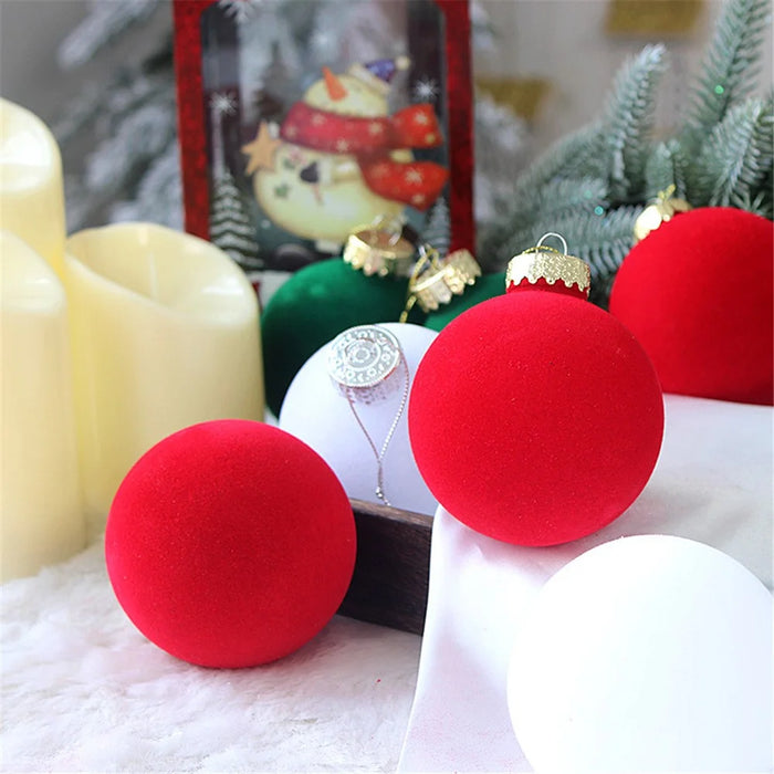 9Pcs / Set 8cm PET Flocking Christmas Balls Ornament Xmas Tree Hanging Decoration - Red+Green+White - 4