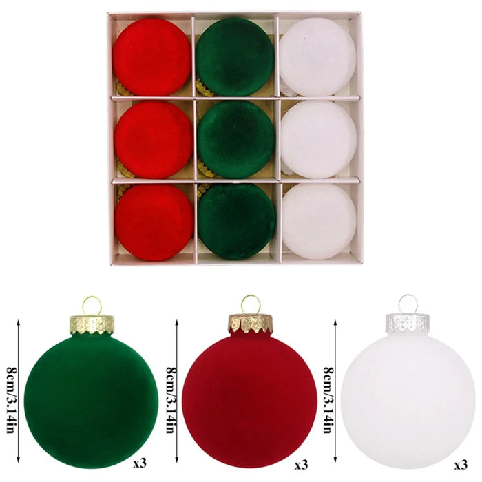 9Pcs / Set 8cm PET Flocking Christmas Balls Ornament Xmas Tree Hanging Decoration - Red+Green+White - 5