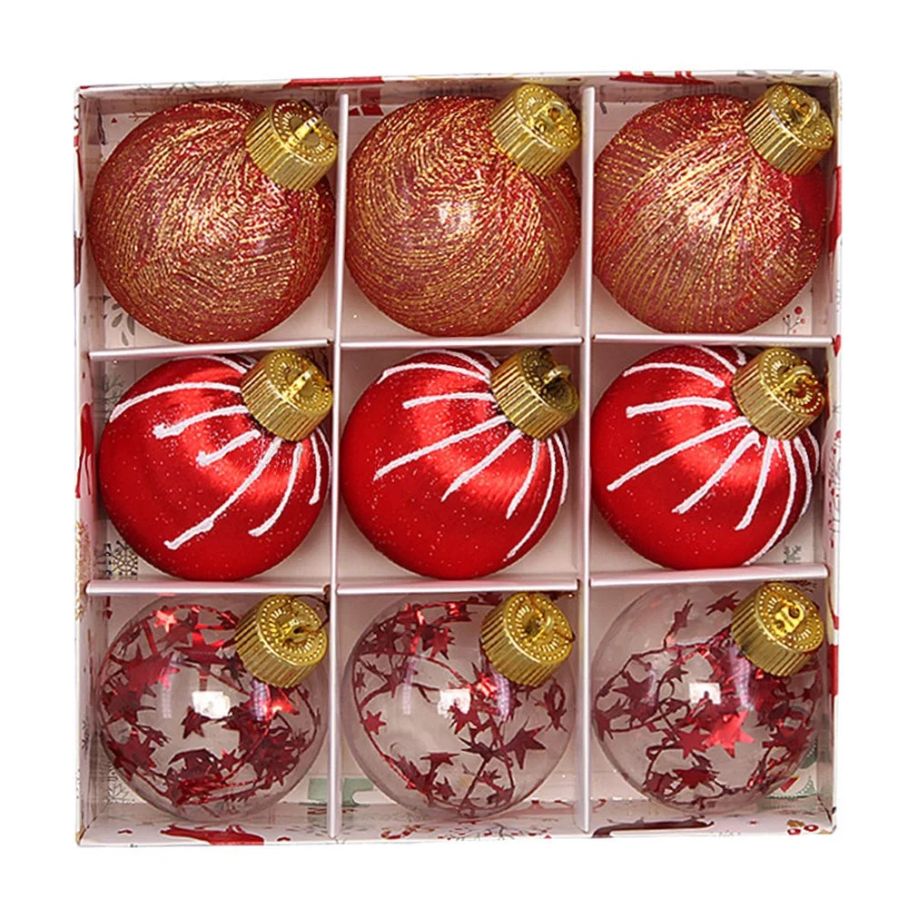 9Pcs 8cm Silk Line Wrapped Foam Ball Christmas Tree Ornament Xmas Party Hanging Decor - Red - 1