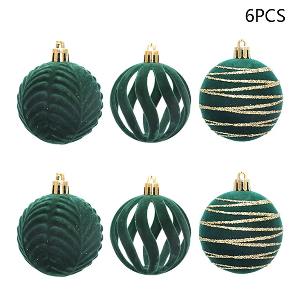 6Pcs Christmas Tree Flocking Ball Decoration Round Ball Festival Xmas Hanging Ornament - Green - 1
