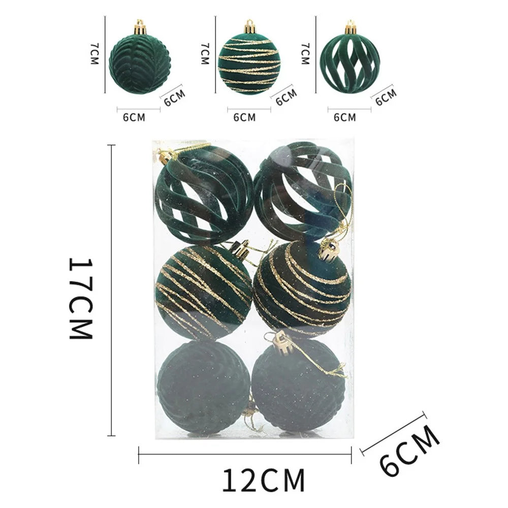 6Pcs Christmas Tree Flocking Ball Decoration Round Ball Festival Xmas Hanging Ornament - Green - 7