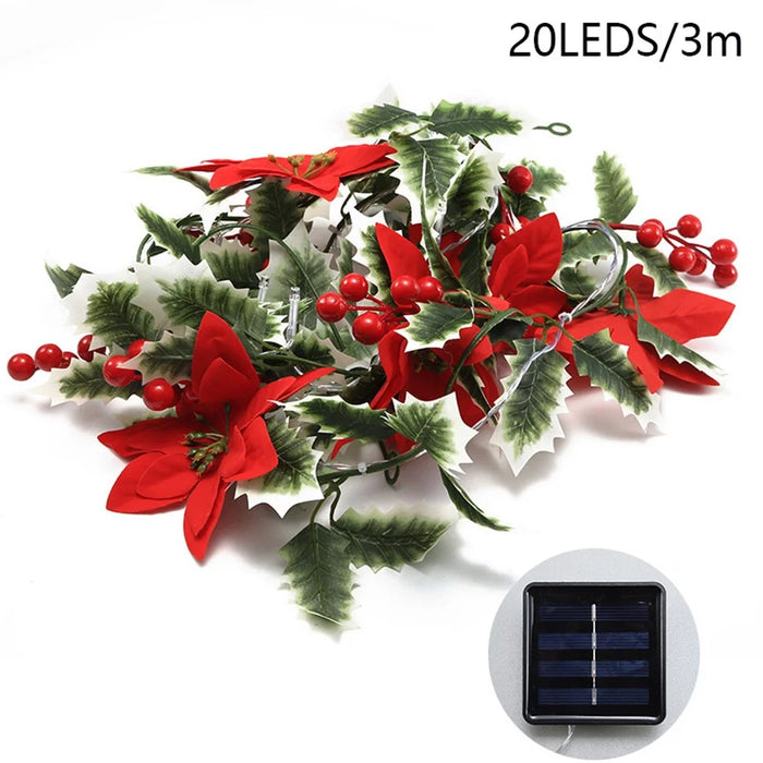 Solar Powered Christmas Flower Vine LED String Light IP66 Waterproof Xmas Party Gift Decor - 3m / 20-LED - 1