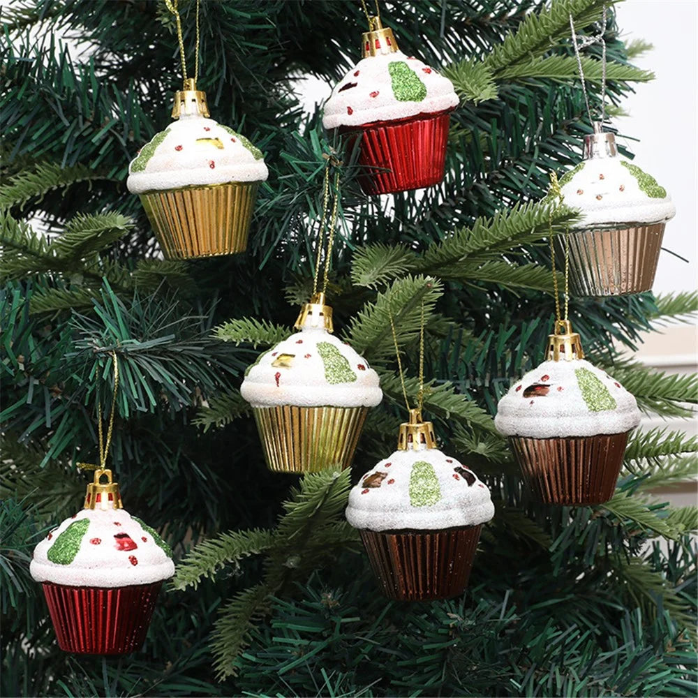 4Pcs Painted Glitter Cupcake Festival Xmas Decoration Home Christmas Tree Hanging Ornament - Red - 2