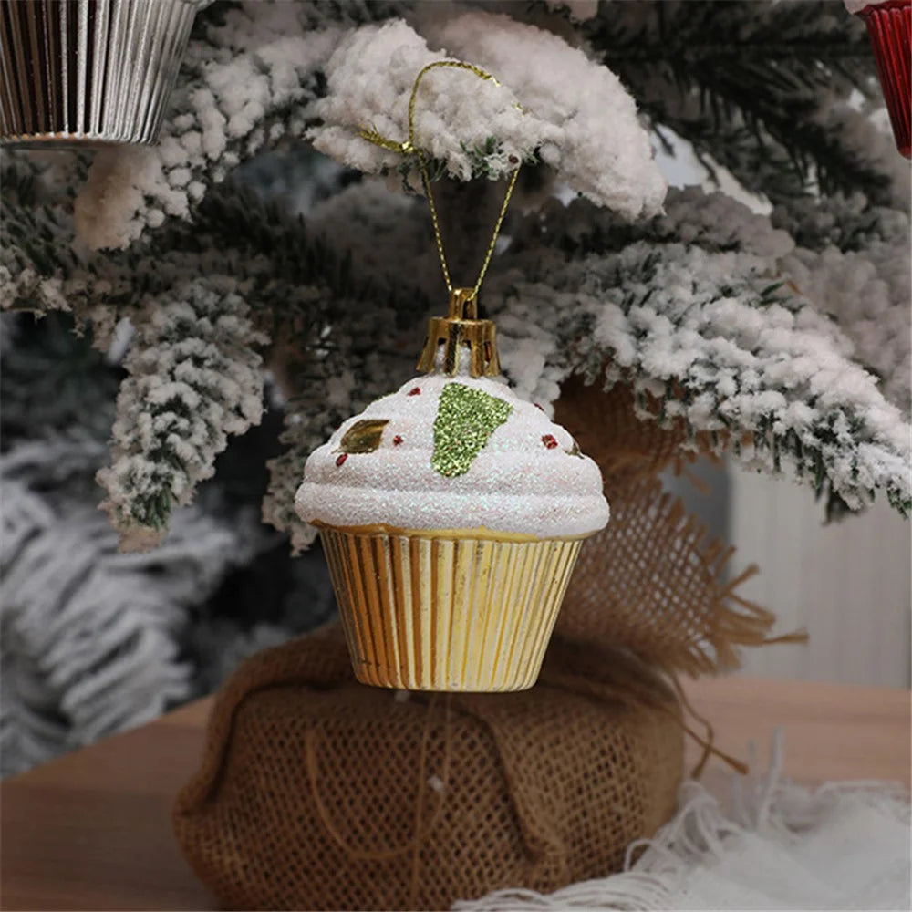 4Pcs Painted Glitter Cupcake Festival Xmas Decoration Home Christmas Tree Hanging Ornament - Red - 4