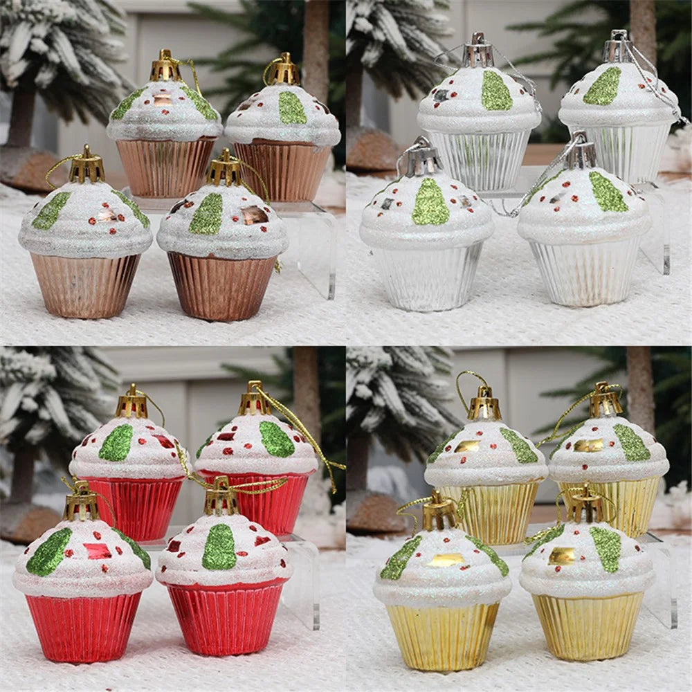 4Pcs Painted Glitter Cupcake Festival Xmas Decoration Home Christmas Tree Hanging Ornament - Red - 5