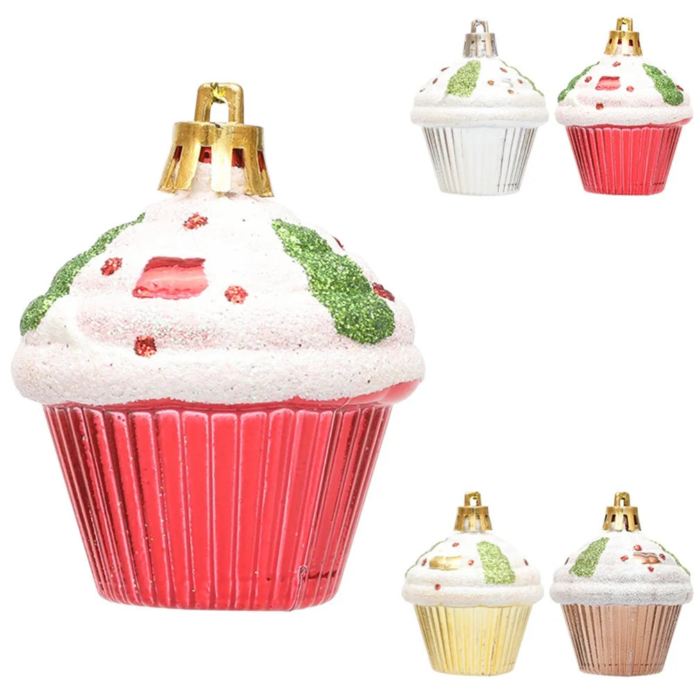 4Pcs Painted Glitter Cupcake Festival Xmas Decoration Home Christmas Tree Hanging Ornament - Red - 6