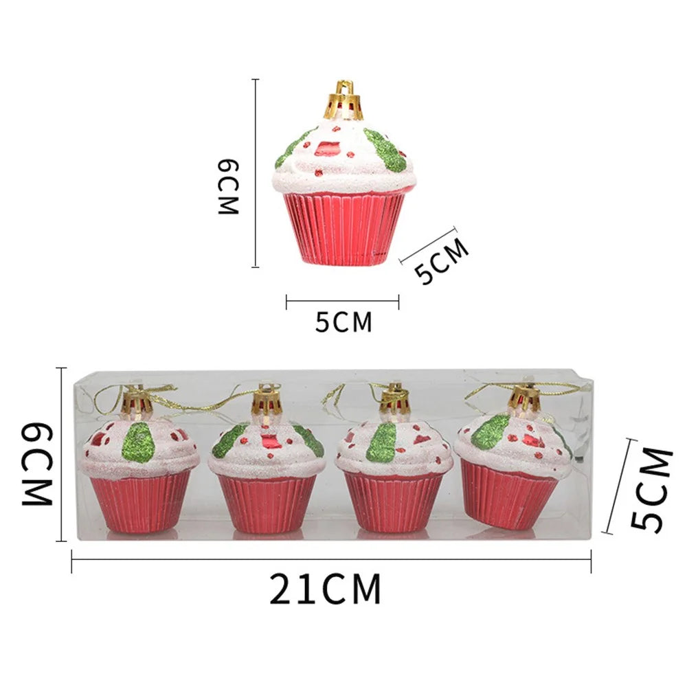 4Pcs Painted Glitter Cupcake Festival Xmas Decoration Home Christmas Tree Hanging Ornament - Red - 7
