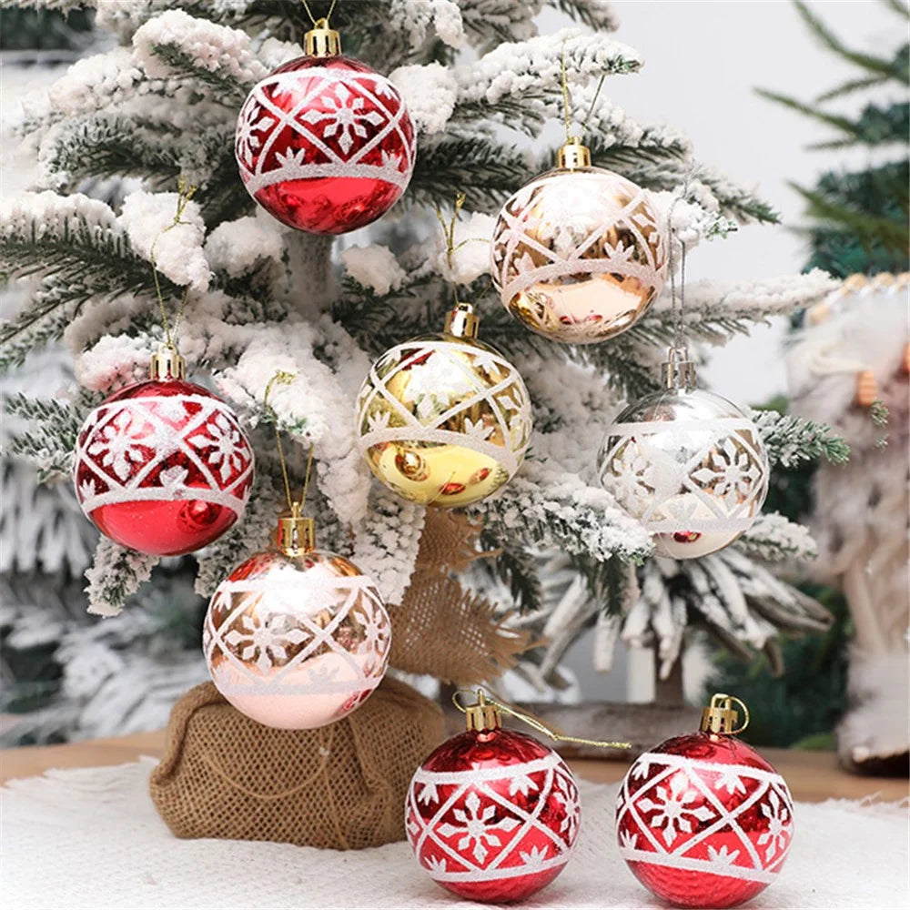 6Pcs 6cm Electroplated Plastic Ball Christmas Tree Decor Snowflake Pattern Round Ball Festival Hanging Ornament - Red - 3