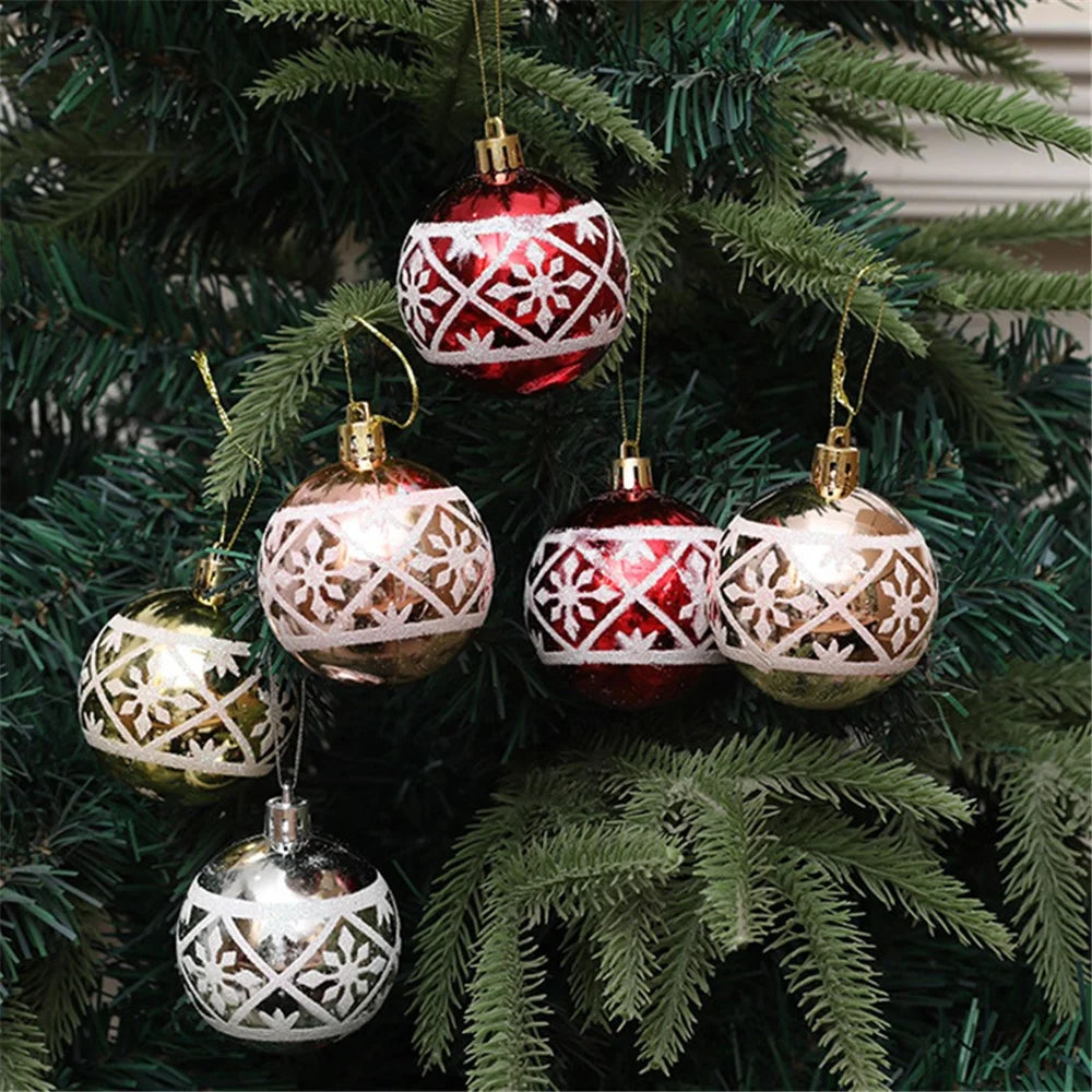 6Pcs 6cm Electroplated Plastic Ball Christmas Tree Decor Snowflake Pattern Round Ball Festival Hanging Ornament - Red - 4