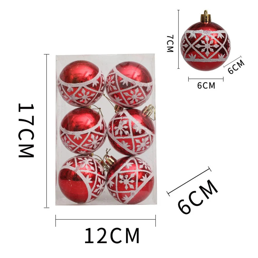 6Pcs 6cm Electroplated Plastic Ball Christmas Tree Decor Snowflake Pattern Round Ball Festival Hanging Ornament - Red - 6