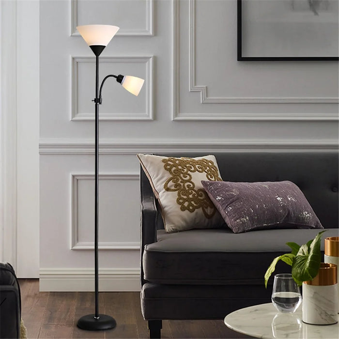 Modern LED Standing Lamp Bedroom Dual Head Floor Light with E27 Warm Light Bulbs - Black - 2