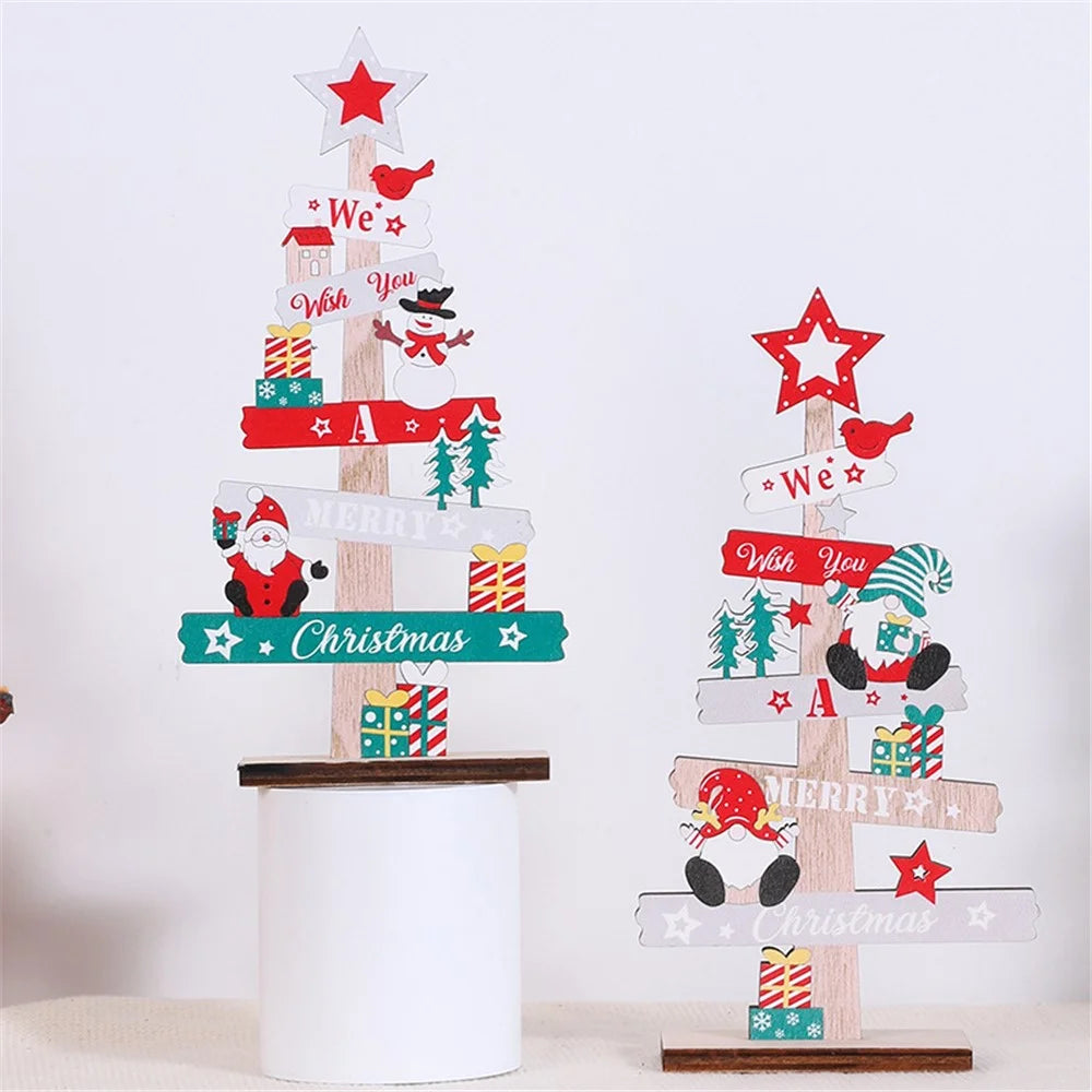 English Letters Wooden Board Tree Christmas Decoration Lovely Xmas Desktop Ornament - Santa Claus and Snowman - 2