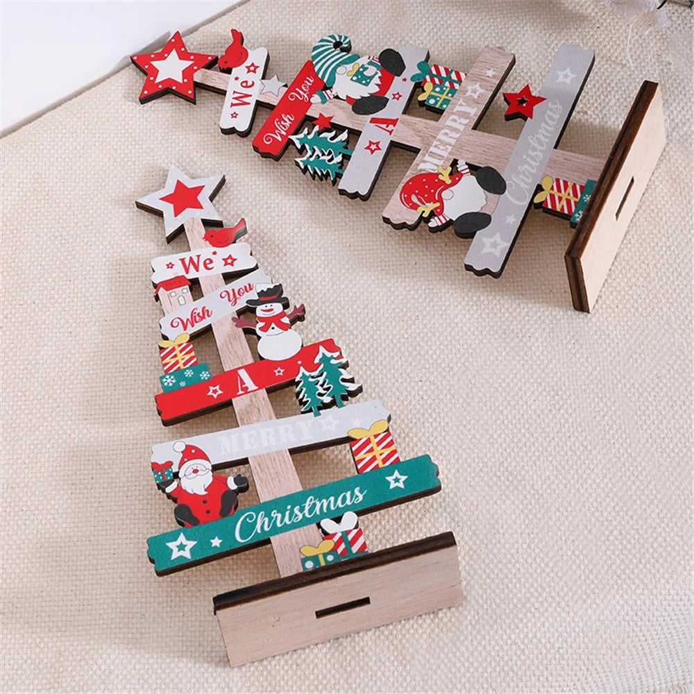English Letters Wooden Board Tree Christmas Decoration Lovely Xmas Desktop Ornament - Santa Claus and Snowman - 3