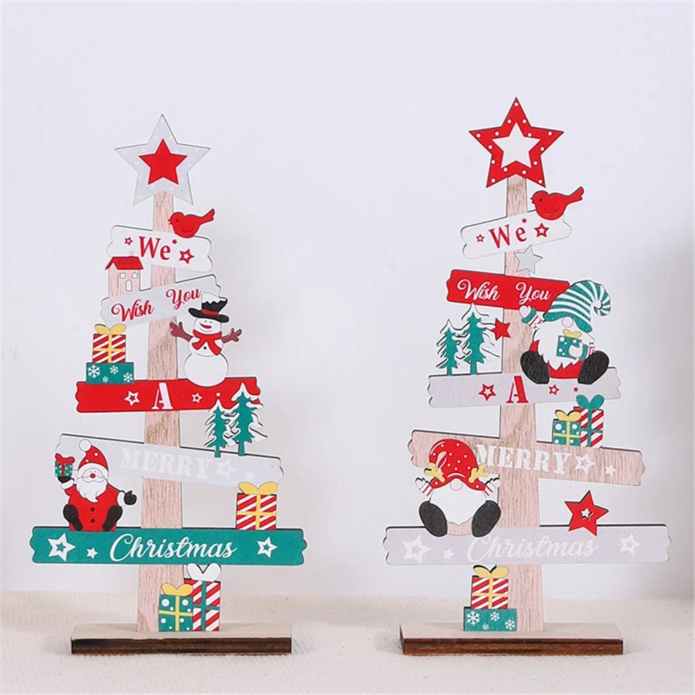 English Letters Wooden Board Tree Christmas Decoration Lovely Xmas Desktop Ornament - Santa Claus and Snowman - 4