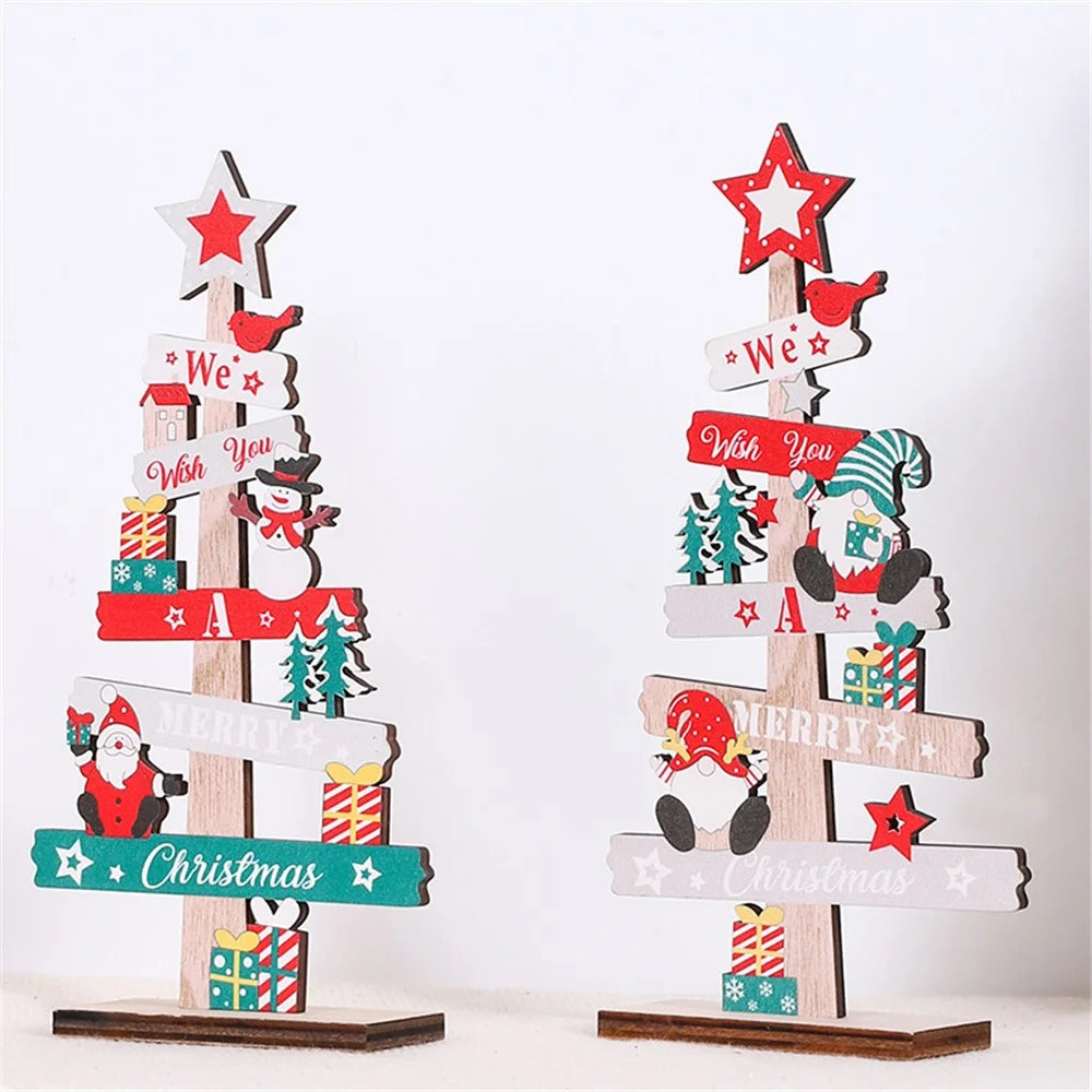 English Letters Wooden Board Tree Christmas Decoration Lovely Xmas Desktop Ornament - Santa Claus and Snowman - 5