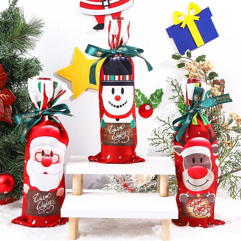 Christmas Wine Bottle Cloth Bag Red Wine Champagne Bottle Cover Dining Table Decoration - Snowman - 4
