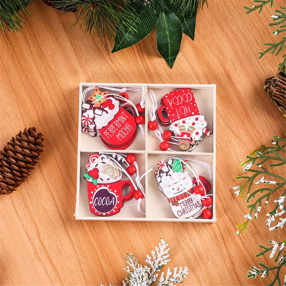 12Pcs Lovely Cartoon Xmas Wooden Decor Christmas Tree Window Wall Hanging Ornament - Ice Cream - 2
