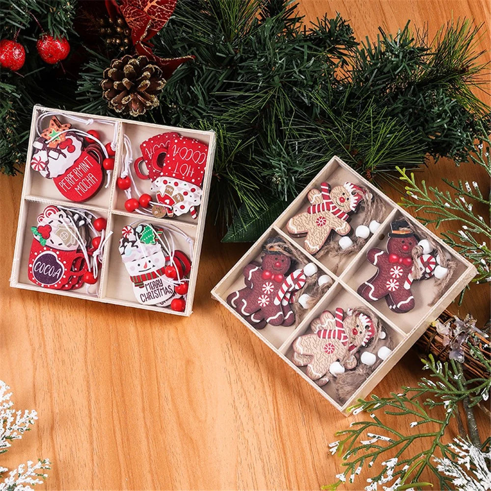 12Pcs Lovely Cartoon Xmas Wooden Decor Christmas Tree Window Wall Hanging Ornament - Ice Cream - 3