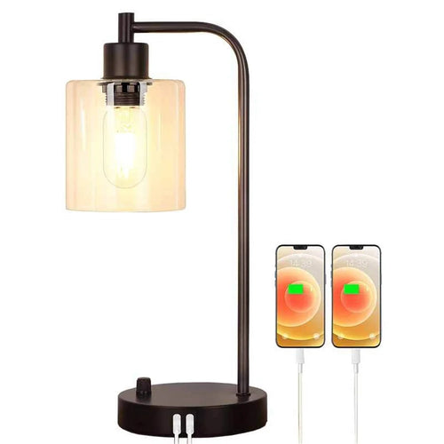 E27 Bulb Adjustable Brightness Retro Glass Table Lamp with Dual USB Ports, Glossy Glass - 1